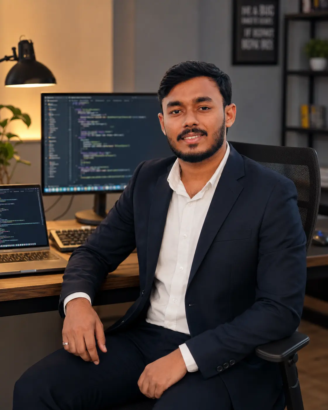 Mohammed Huzaifa seated at a developer workspace