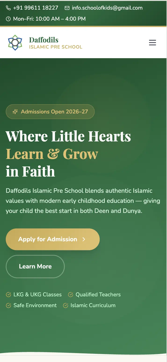 Daffodils Islamic Preschool homepage on mobile