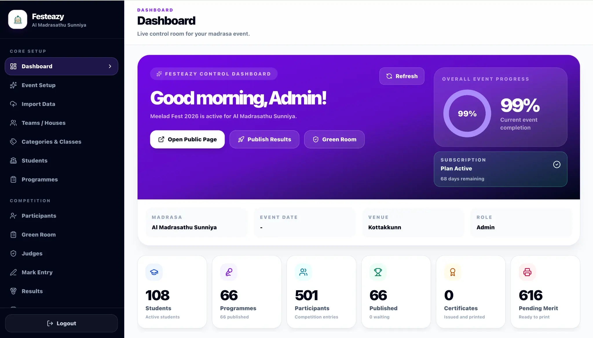 FestEazy administration dashboard showing event progress and operating modules