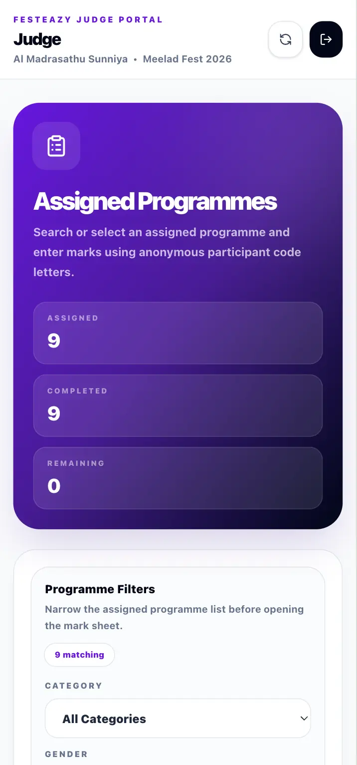 Mobile judge portal with assigned and completed programmes