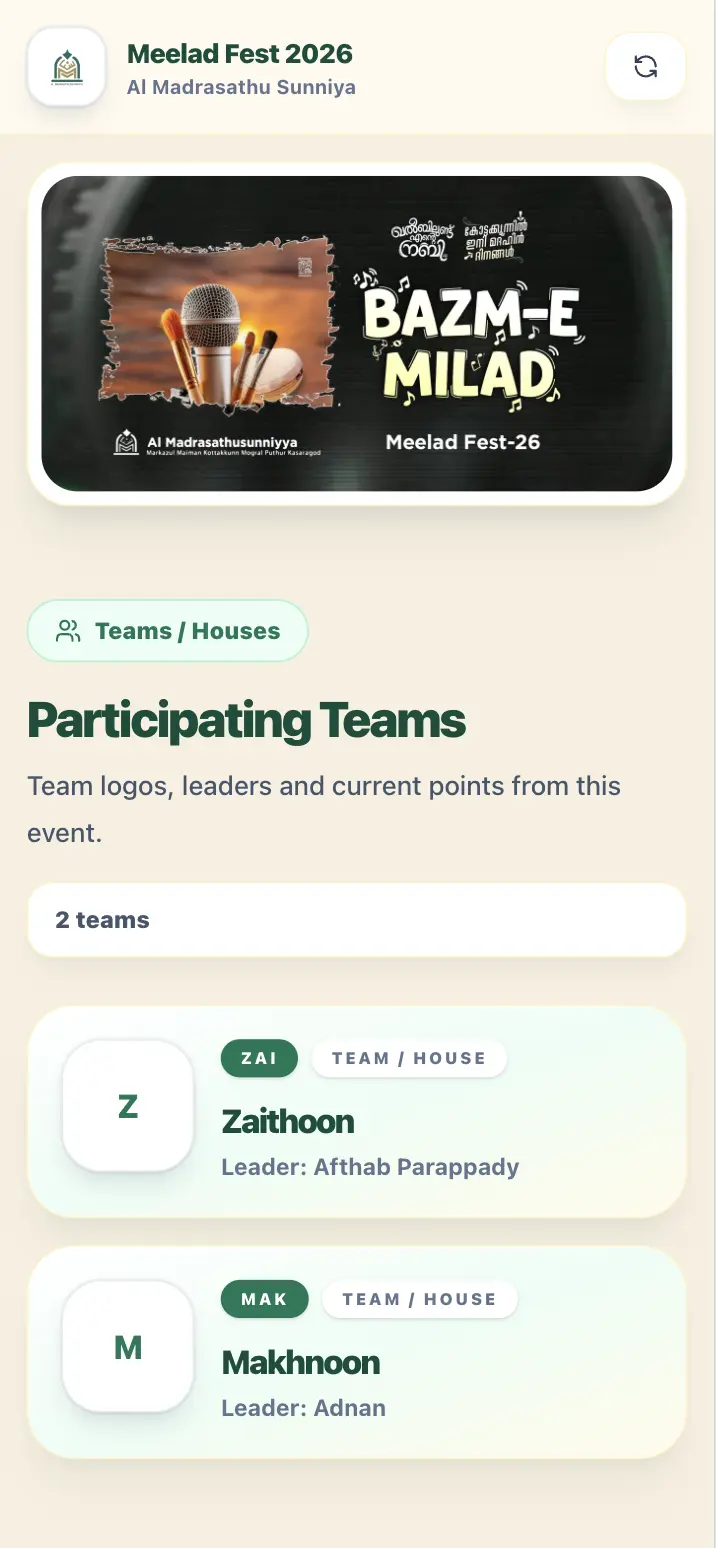 Public event portal showing participating teams