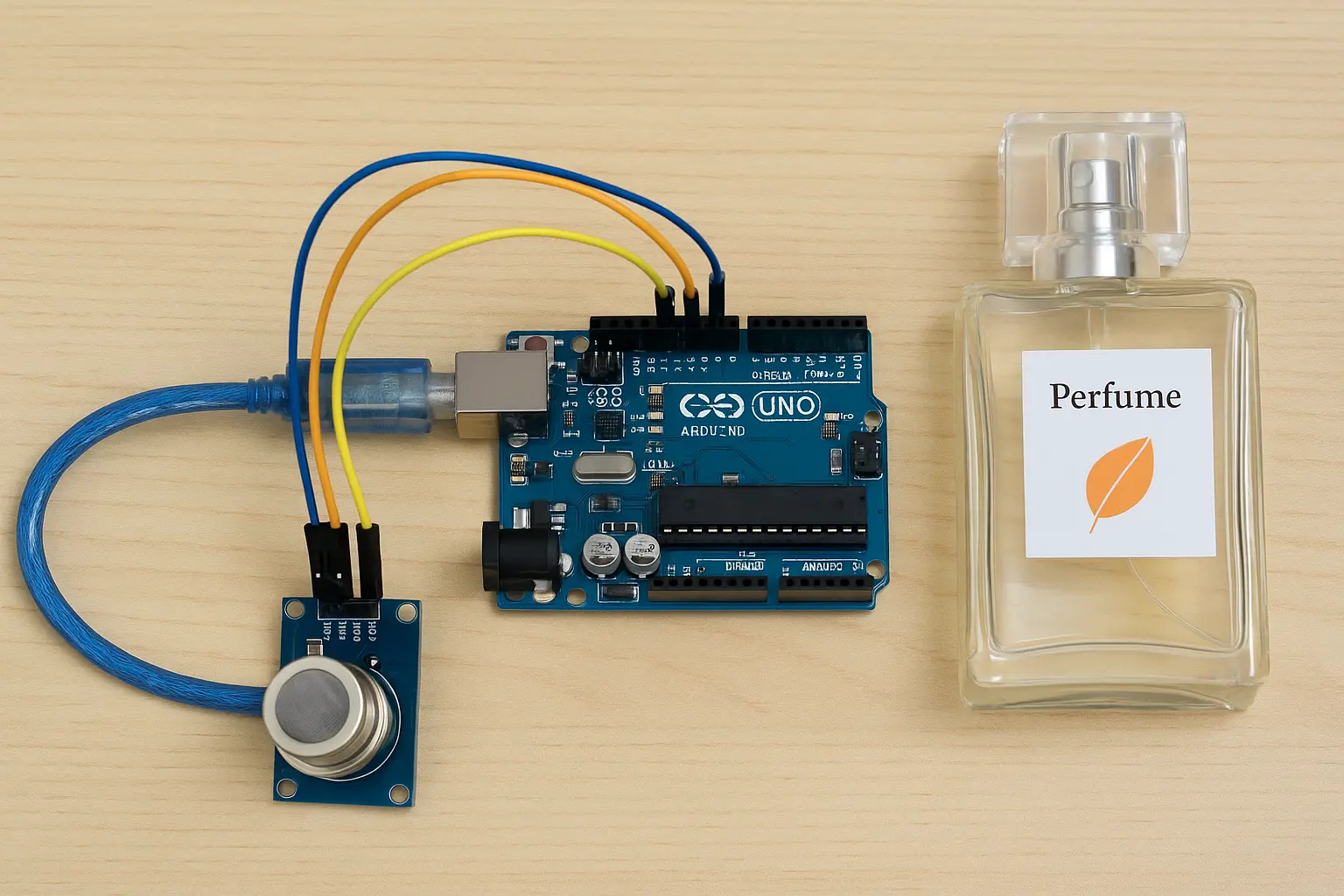 Arduino Uno connected to an MQ-5 sensor beside a perfume sample