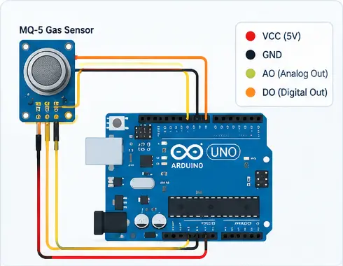 Wiring diagram between the MQ-5 sensor and Arduino Uno